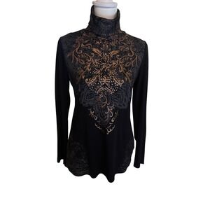 Goth Black Turtleneck Long Sleeve Top Gold Grey Damask Rhinestone Scroll Print M